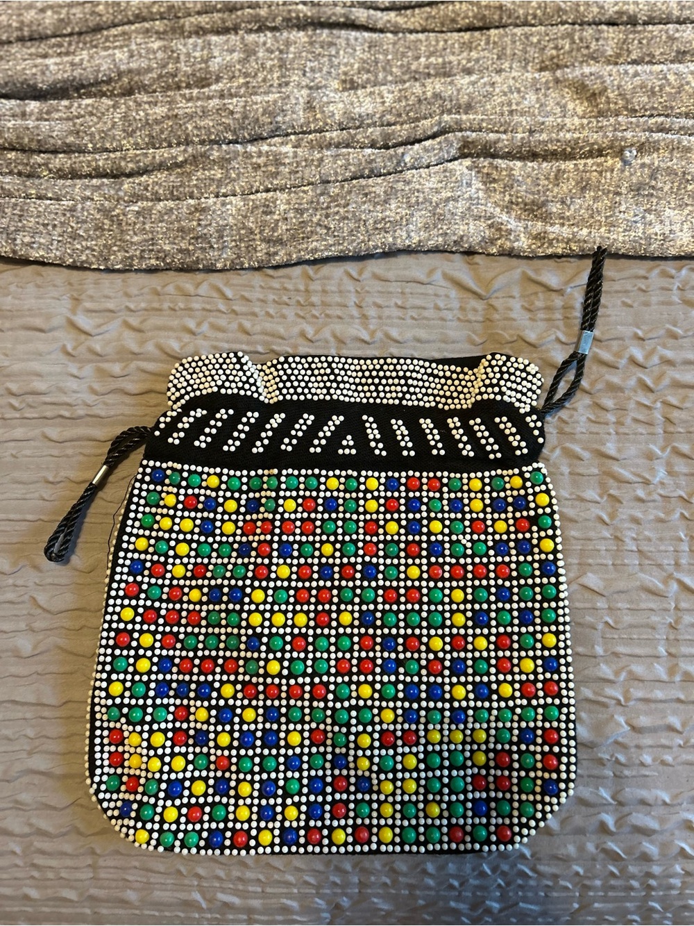 60’s/70’s Vintage Beaded Reversible Candy Dot Multi Color Purse Cinch Handbag - Picture 2 of 5